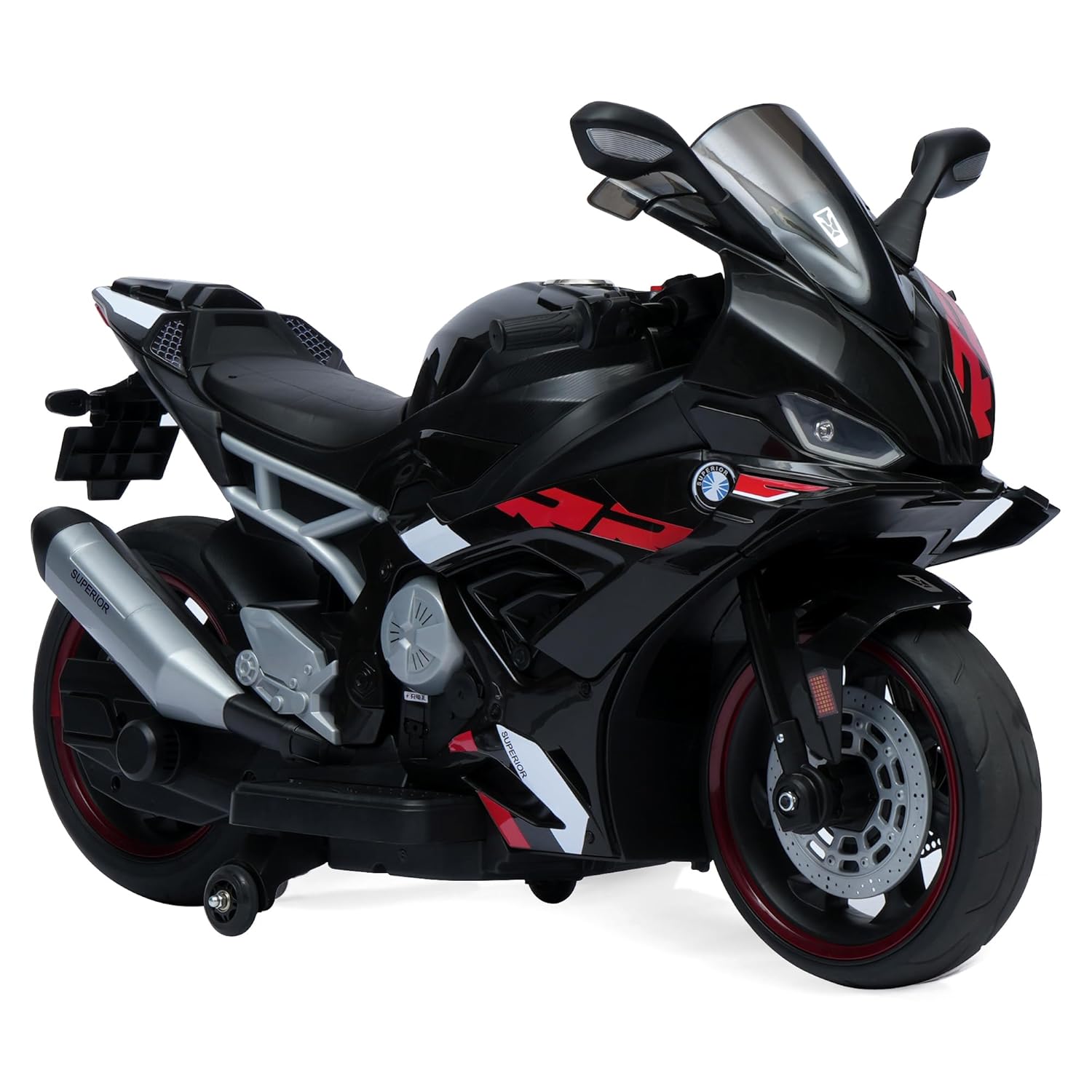 Kids' large black electric ride-on sport motorcycle with 12V 8Ah battery, dual 45W motors, and red training wheels. www.usmile.toys
